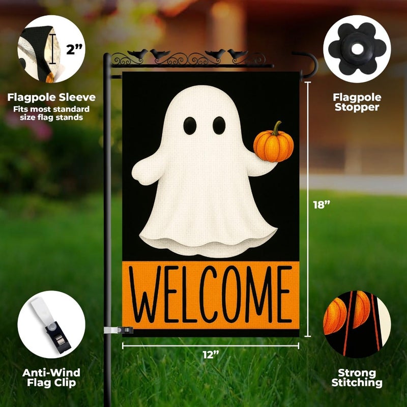 KarvePro Welcome Halloween Garden Flag 12x18 – Spooky Double Sided Burlap Yard Flag for Outside with Ghost & Pumpkin – Weatherproof Fall Outdoor Decor - Image 3